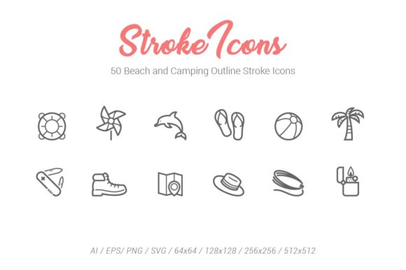 50 Beach Camping Outline Stroke Icons: Graphics & Icons