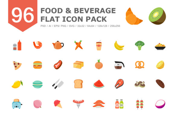 96 Food Beverage Color Flat Icon Graphics & Icons