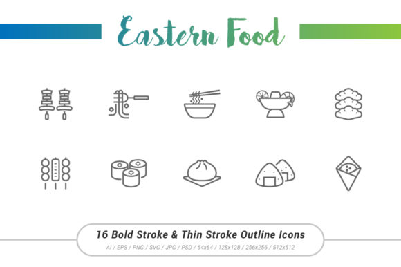 Eastern Food Outline Stroke Icons: Clean Graphics & Versatile Icons