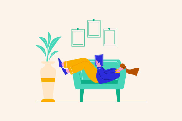 Woman Reading a Book on Sofa Vector Graphics